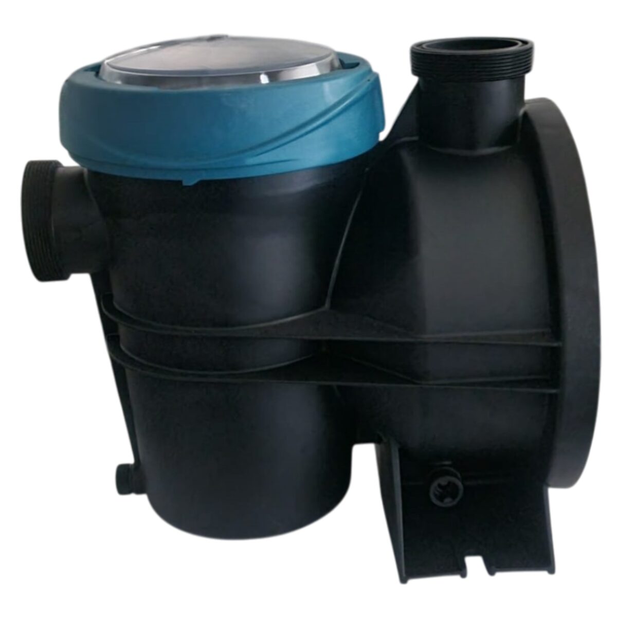 Vista laterale del kit composto da per pompe piscina cestello, coperchio, corpo prefiltro, ghiera coperchio, guarnizione coperchio e tappo scarico ricambio per pompa piscina Silen S2 Espa