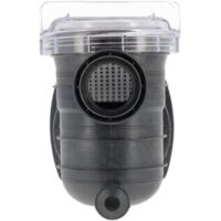 Vista frontale del kit composto da cestello, coperchio, corpo prefiltro, guarnizione coperchio e tappo scarico ricambio per pompa piscina Nocchi Swimmey Pentair