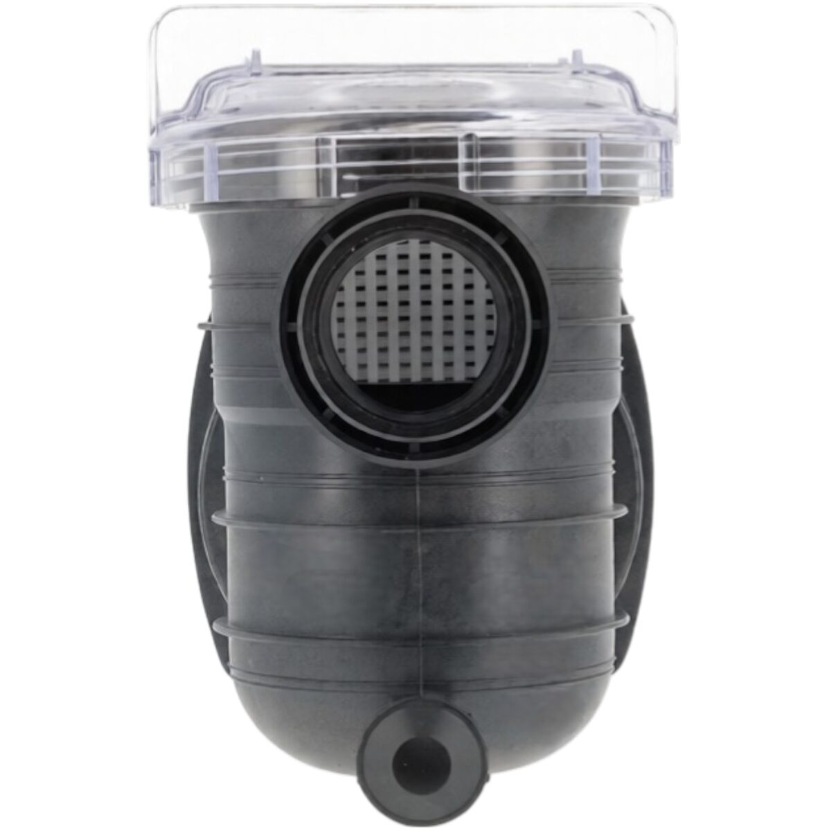 Vista frontale del kit composto da cestello, coperchio, corpo prefiltro, guarnizione coperchio e tappo scarico ricambio per pompa piscina Nocchi Swimmey Pentair