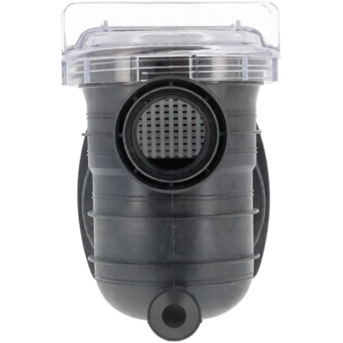 Vista frontale del kit composto da cestello, coperchio, corpo prefiltro, guarnizione coperchio e tappo scarico ricambio per pompa piscina Nocchi Swimmey Pentair