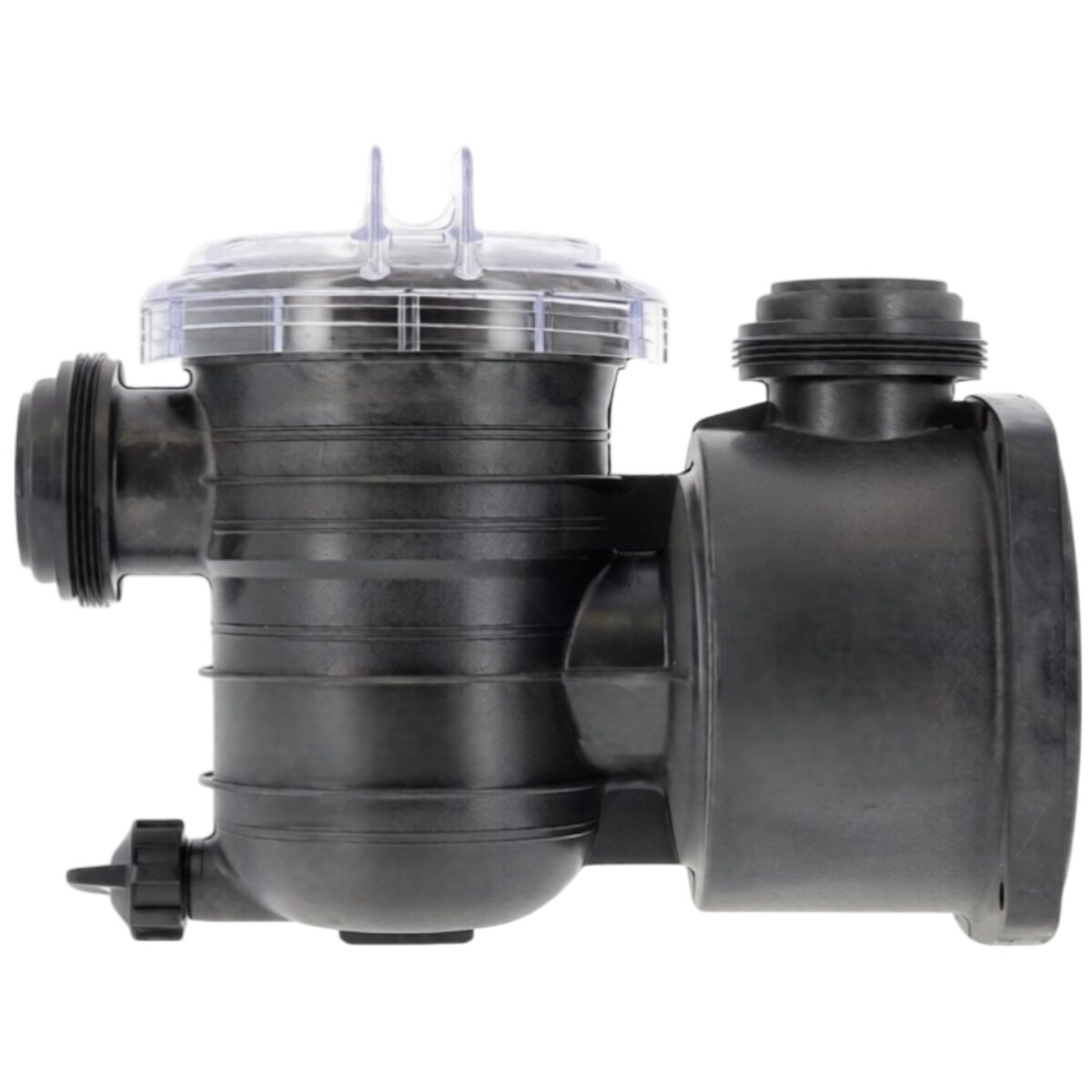 Vista laterale del kit composto da cestello, coperchio, corpo prefiltro, guarnizione coperchio e tappo scarico ricambio per pompa piscina Nocchi Swimmey Pentair