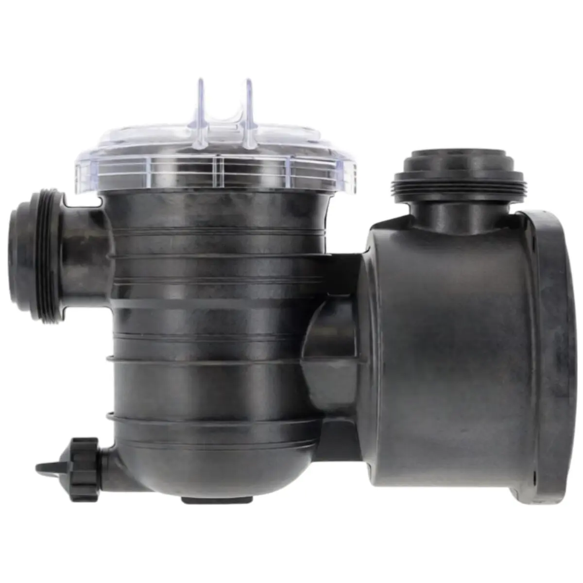 Vista laterale del kit composto da cestello, coperchio, corpo prefiltro, guarnizione coperchio e tappo scarico ricambio per pompa piscina Nocchi Swimmey Pentair
