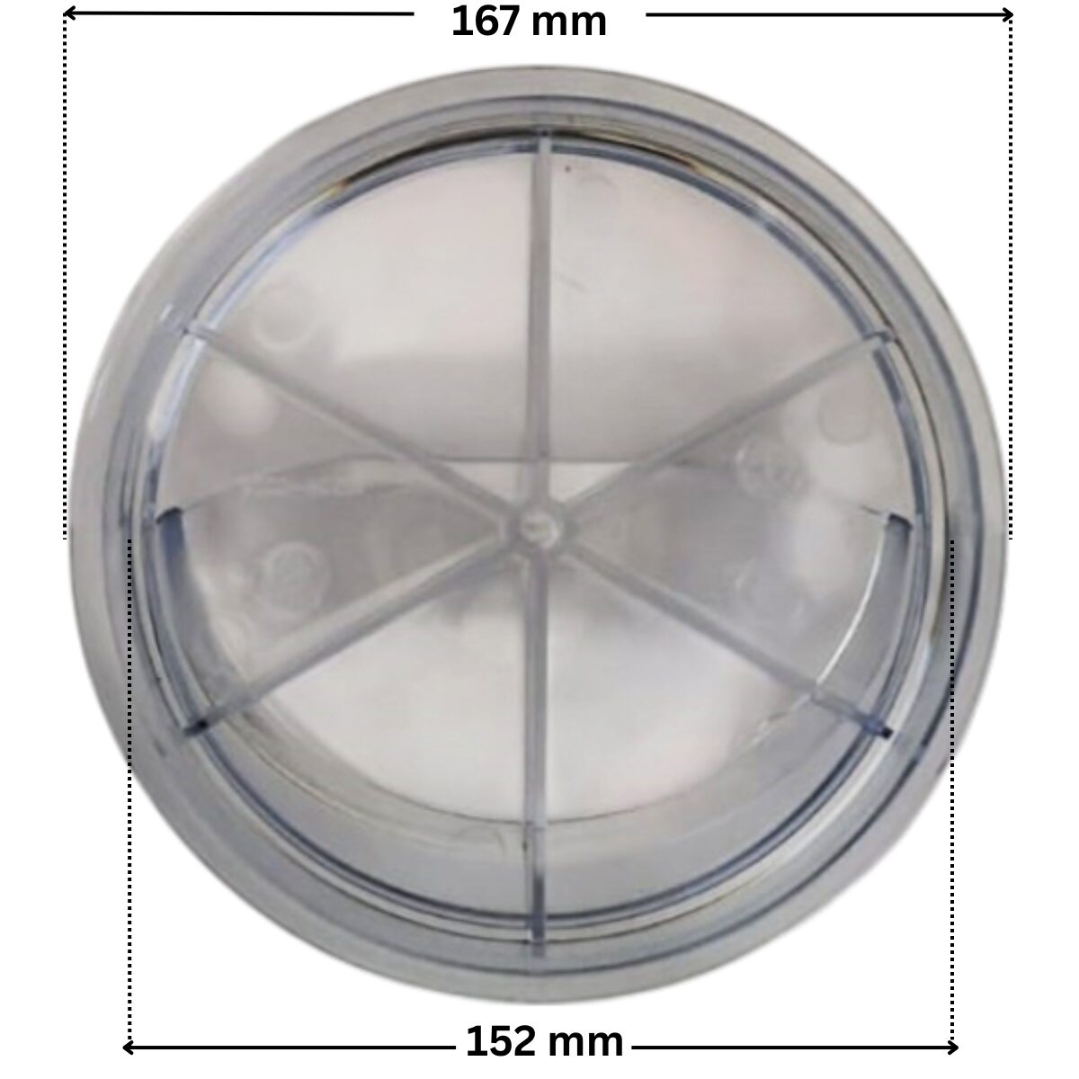 Coperchio ricambio per pompa piscina Glass Plus Astralpool con quote dimensionali: diametro interno 152 mm e diametro esterno 167 mm.
