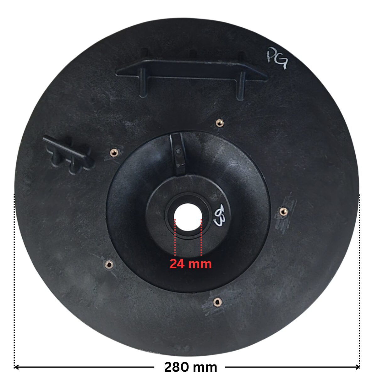 Vista frontale posteriore del kit composto da flangia motore e tenuta meccanica ricambio per pompe Sta-Rite 5P6R e La Sta-Rite HD Pentair con quote dimensionali: diametro esterno 280 mm e diametro interno del foro centrale 24 mm.