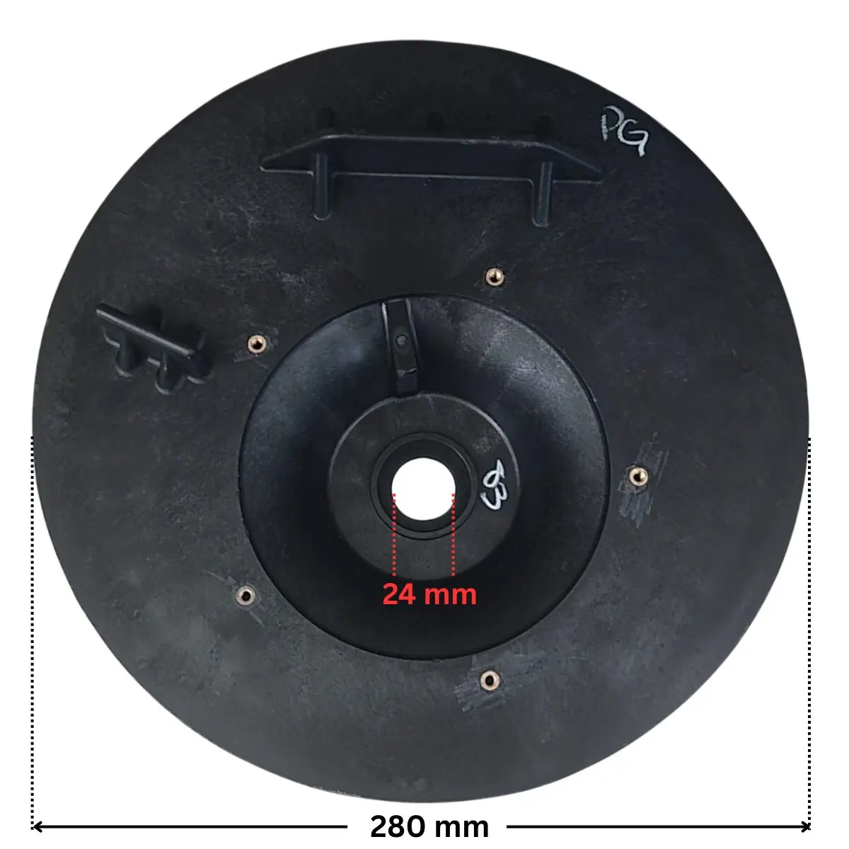 Vista frontale posteriore del kit composto da flangia motore e tenuta meccanica ricambio per pompe Sta-Rite 5P6R e La Sta-Rite HD Pentair con quote dimensionali: diametro esterno 280 mm e diametro interno del foro centrale 24 mm.