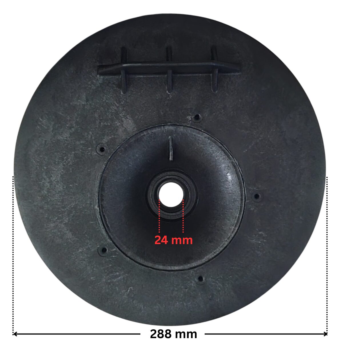 Vista posteriore del kit composto da flangia motore e tenuta meccanica ricambio per pompe piscina Sta-Rite 5P2R e La Sta-Rite Pentair con quote dimensionali: diametro esterno 288 mm e diametro interno del foro centrale 24 mm.