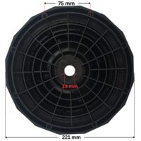 Vista frontale posteriore del kit composto da flangia tenuta meccanica e guarnizione ricambio per pompa piscina Victoria Plus Astralpool con quote dimensionali: diametro esterno 221 mm, diametro interno del foro centrale 13 mm e interasse dei fori delle viti 75 mm.