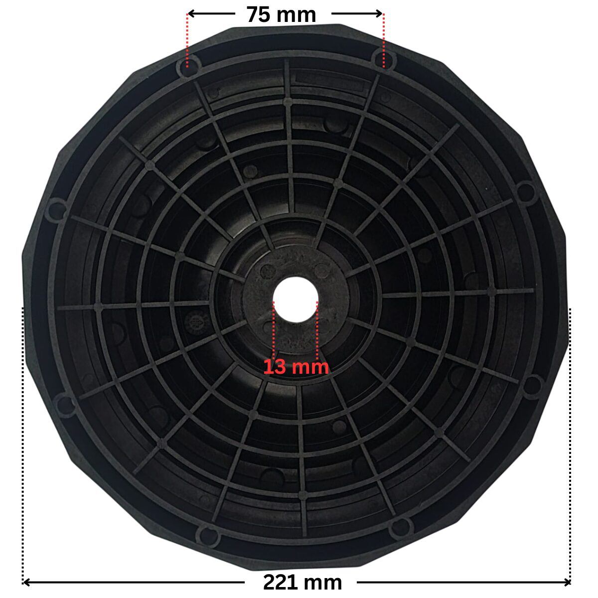 Vista frontale posteriore del kit composto da flangia tenuta meccanica e guarnizione ricambio per pompa piscina Victoria Plus Astralpool con quote dimensionali: diametro esterno 221 mm, diametro interno del foro centrale 13 mm e interasse dei fori delle viti 75 mm.