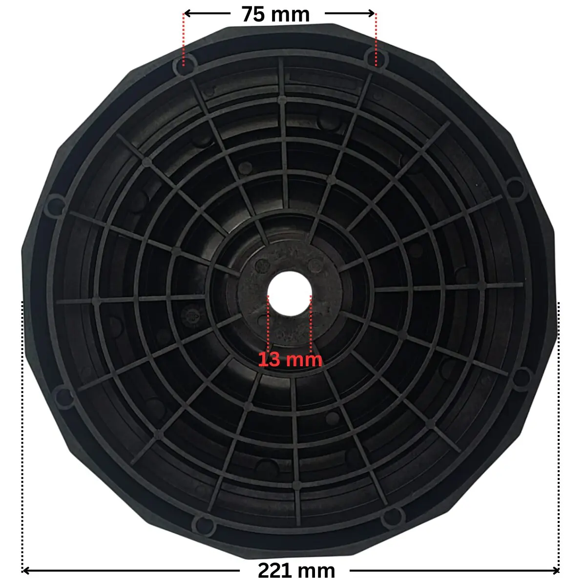 Vista frontale posteriore del kit composto da flangia tenuta meccanica e guarnizione ricambio per pompa piscina Victoria Plus Astralpool con quote dimensionali: diametro esterno 221 mm, diametro interno del foro centrale 13 mm e interasse dei fori delle viti 75 mm.