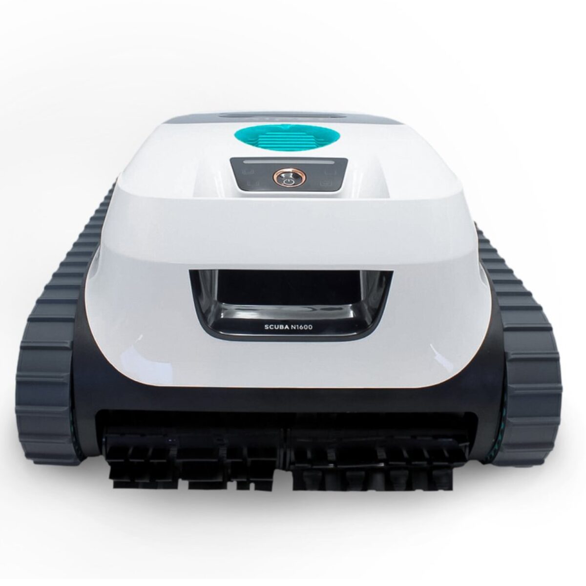 Vista frontale del robot pulitore piscina Aiper Scuba N1600 senza fili con cingoli, aspiratore automatico per fondo piscina, sistema intelligente di pulizia ad alte prestazioni