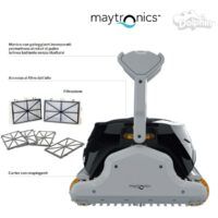 Pulitore automatico Dolphin EX45 con spazzole in PVC, schema tecnico che mostra i filtri a cartuccia, il carter con respingenti e il manico galleggiante per la pulizia della linea di galleggiamento.