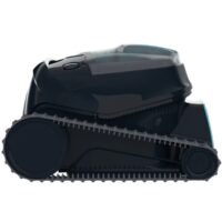 Vista di profilo laterale del robot pulitore senza fili per piscina Dolphin Liberty 300, che evidenzia i grandi cingoli grigi per la trazione e il design nero lucido con accenti azzurri