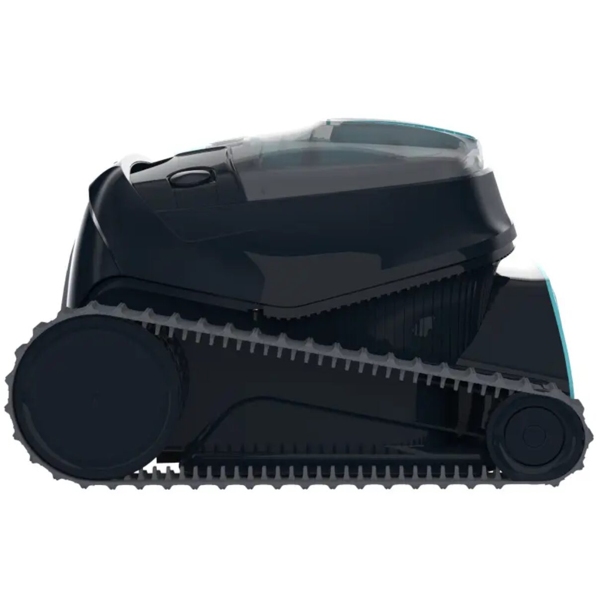 Vista di profilo laterale del robot pulitore senza fili per piscina Dolphin Liberty 300, che evidenzia i grandi cingoli grigi per la trazione e il design nero lucido con accenti azzurri