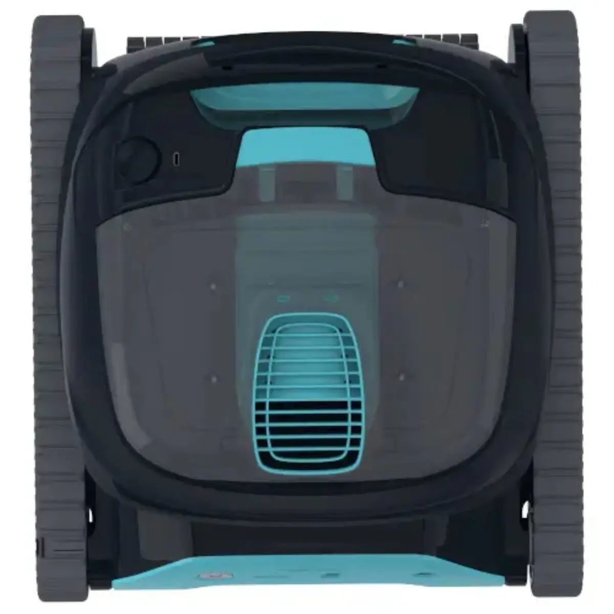 Robot pulitore per piscina senza fili Dolphin Liberty 300 di Maytronics, vista dall'alto del design nero e azzurro con cingoli per la pulizia automatica del fondo e delle pareti.
