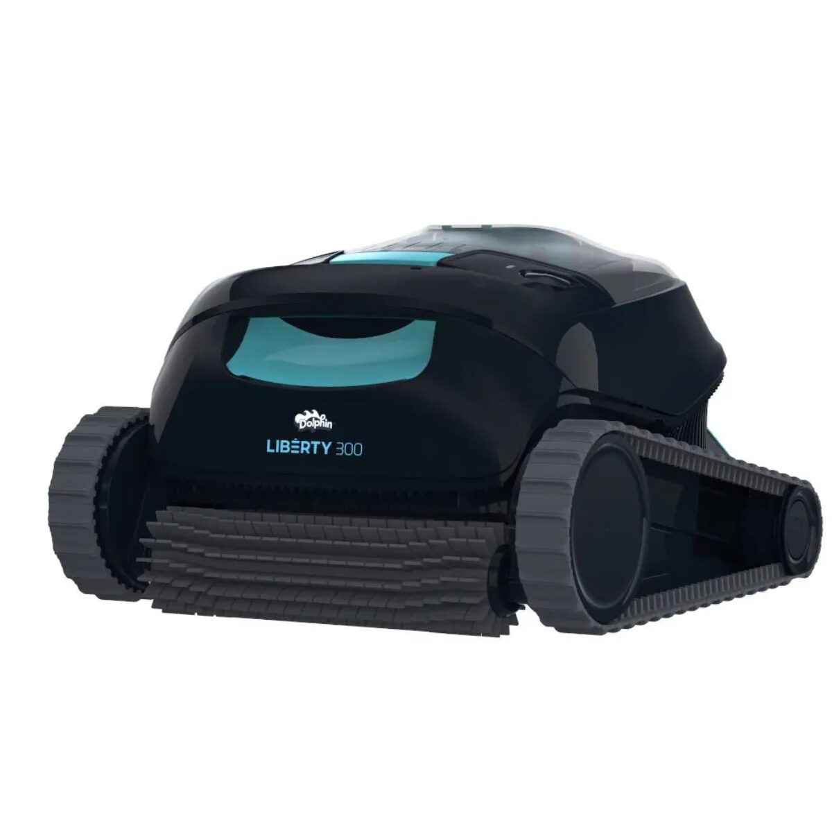 Vista frontale ad angolo del robot pulitore per piscine Dolphin Liberty 300 di Maytronics. L'immagine mette in evidenza il corpo nero lucido con accenti azzurri, il grande rullo spazzola grigio frontale per la pulizia attiva del fondo e il logo 'Dolphin LIBERTY 300' chiaramente visibile sul pannello frontale.