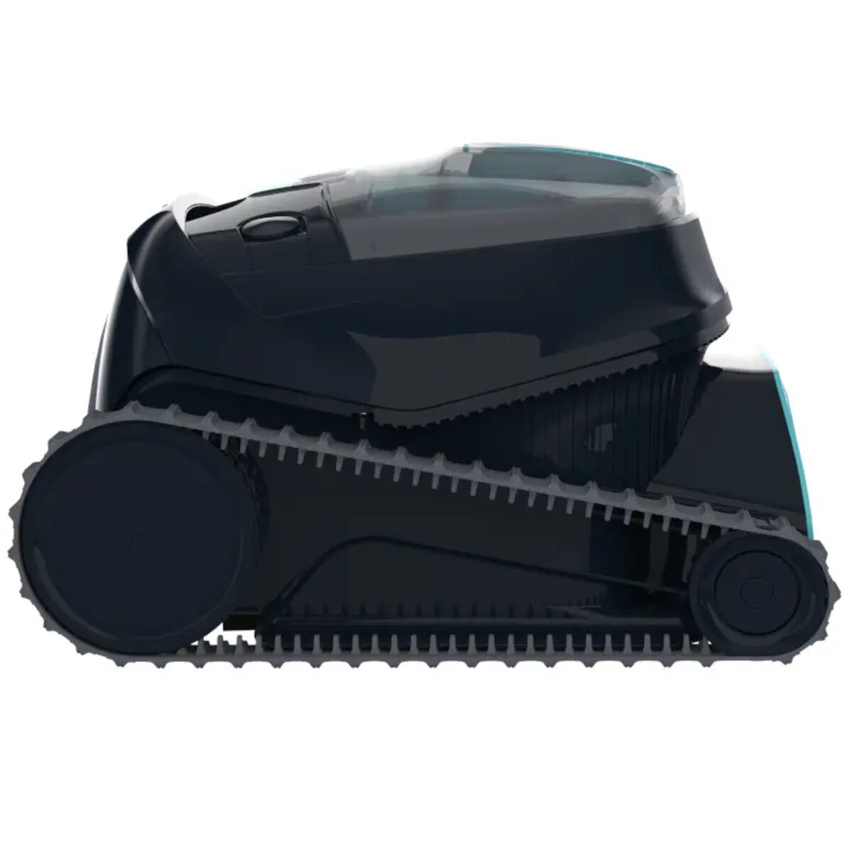 Vista di profilo laterale del robot pulitore senza fili per piscina Dolphin Liberty 400, che evidenzia i grandi cingoli grigi per la trazione e il design nero lucido con accenti azzurri