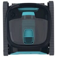 Robot pulitore per piscina senza fili Dolphin Liberty 400 di Maytronics, vista dall'alto del design nero e azzurro con cingoli per la pulizia automatica del fondo e delle pareti.