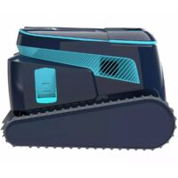 Profilo laterale del robot piscina wireless Dolphin Liberty 600 Maytronics che mostra il lungo cingolo di trazione e la spazzola attiva anteriore.