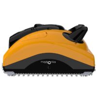 Vista laterale del robot automatico Maytronics Dolphin W20 per la pulizia del fondo piscina, dotato di doppie spazzole grigie e maniglia per il trasporto.