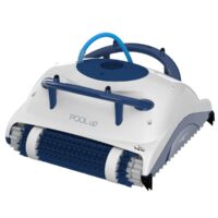 Vista anteriore del robot automatico Maytronics Dolphin POOL UP per la pulizia del fondo piscina, dotato di doppie spazzole attive blu combinate, PVC e kanebo, e maniglia per il trasporto.