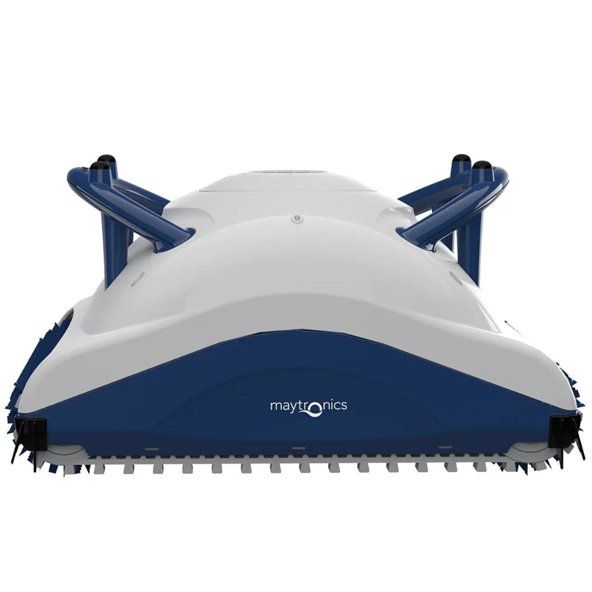 Vista laterale del robot automatico Maytronics Dolphin POOL IN per la pulizia del fondo piscina, dotato di doppie spazzole attive blu e maniglia per il trasporto.