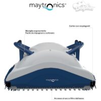 Pulitore automatico Dolphin POOL UP con spazzole in PVC, schema tecnico che mostra, il carter con respingenti, le maniglie ergonomiche di facile impugnatura e la posizione del sacco filtro dal basso.