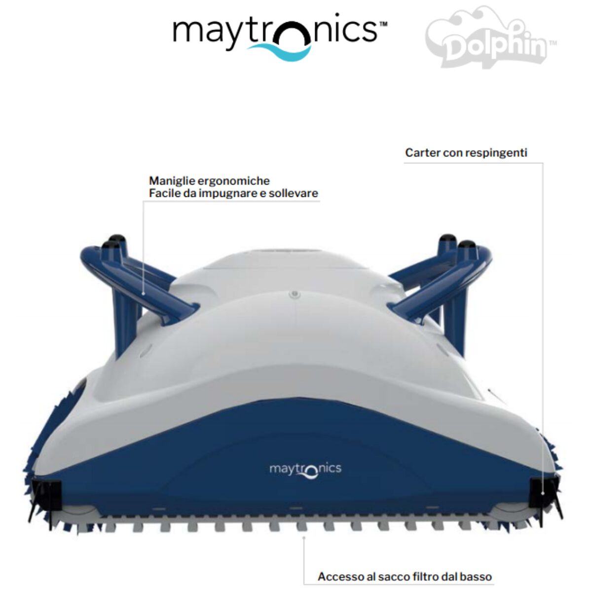 Pulitore automatico Dolphin POOL UP con spazzole in PVC, schema tecnico che mostra, il carter con respingenti, le maniglie ergonomiche di facile impugnatura e la posizione del sacco filtro dal basso.