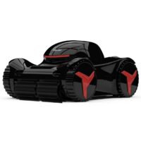 Robot pulitore per piscina iGarden M1-50 completamente nero lucido, con ruote con inserti rossi a Y. Vista angolare della parte anteriore ripresa dal basso.