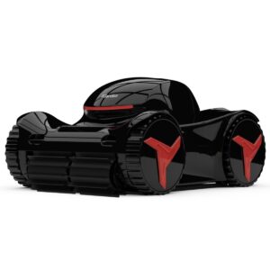 Robot pulitore per piscina iGarden M1-50 completamente nero lucido, con ruote con inserti rossi a Y. Vista angolare della parte anteriore ripresa dal basso.