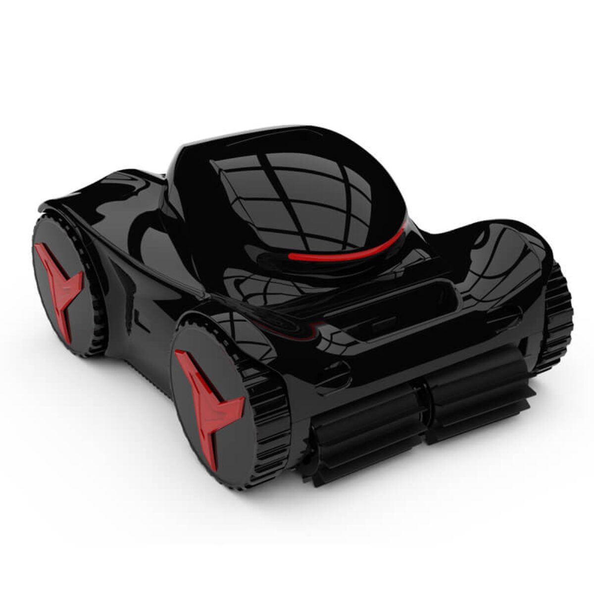 Robot pulitore per piscina iGarden M1-50 completamente nero lucido, con ruote con inserti rossi a Y. Vista angolare del posteriore ripresa dall'alto.