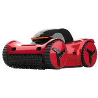 Robot pulitore per piscine automatico a batteria IGarden, modello rosso e nero con design sportivo e aerodinamico. Vista prospettica che mette in evidenza i grandi cingoli/ruote neri artigliati con copriruota rossi stilizzati e il logo 'IGarden' visibile sulla calotta superiore. Ottimizzato per la pulizia del fondo, delle pareti e della linea d'acqua.