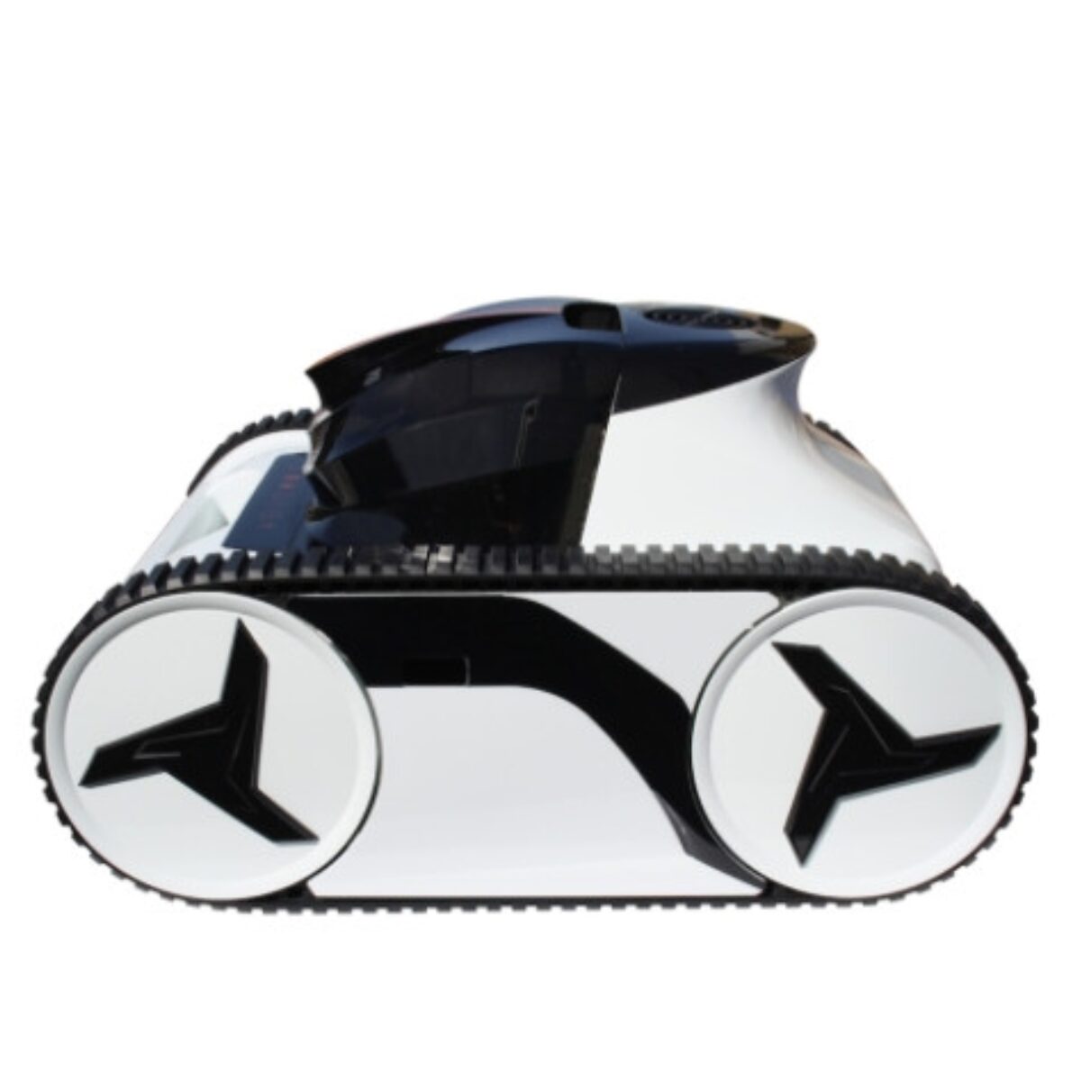 Robot pulitore per piscine automatico Inverx con design moderno in bianco e nero. L'immagine mostra il pulitore da una prospettiva laterale, evidenziando i grandi cingoli neri per la trazione e le ruote stilizzate con logo a tre razze.