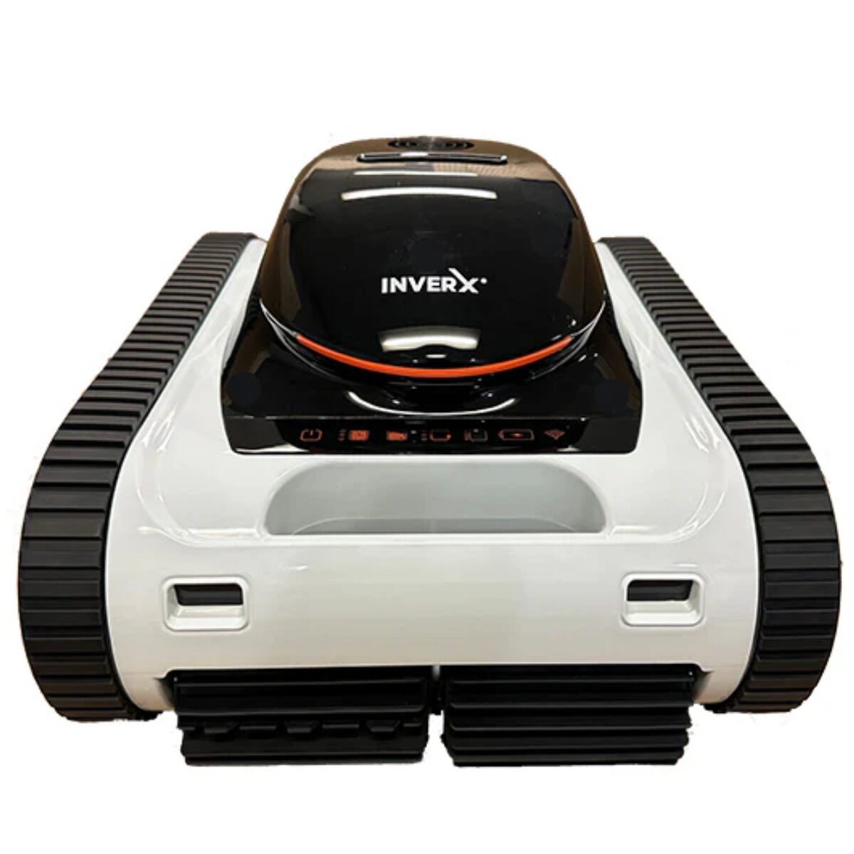 Robot pulitore per piscine automatico Inverx con design moderno in bianco e nero. L'immagine mostra il pulitore da una prospettiva frontale, evidenziando i grandi cingoli neri per la trazione e la spazzola frontale.