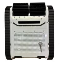 Robot pulitore per piscine automatico Inverx con design moderno in bianco e nero. L'immagine mostra il pulitore da una prospettiva inferiore, evidenziando i grandi cingoli neri per la trazione e la spazzola.