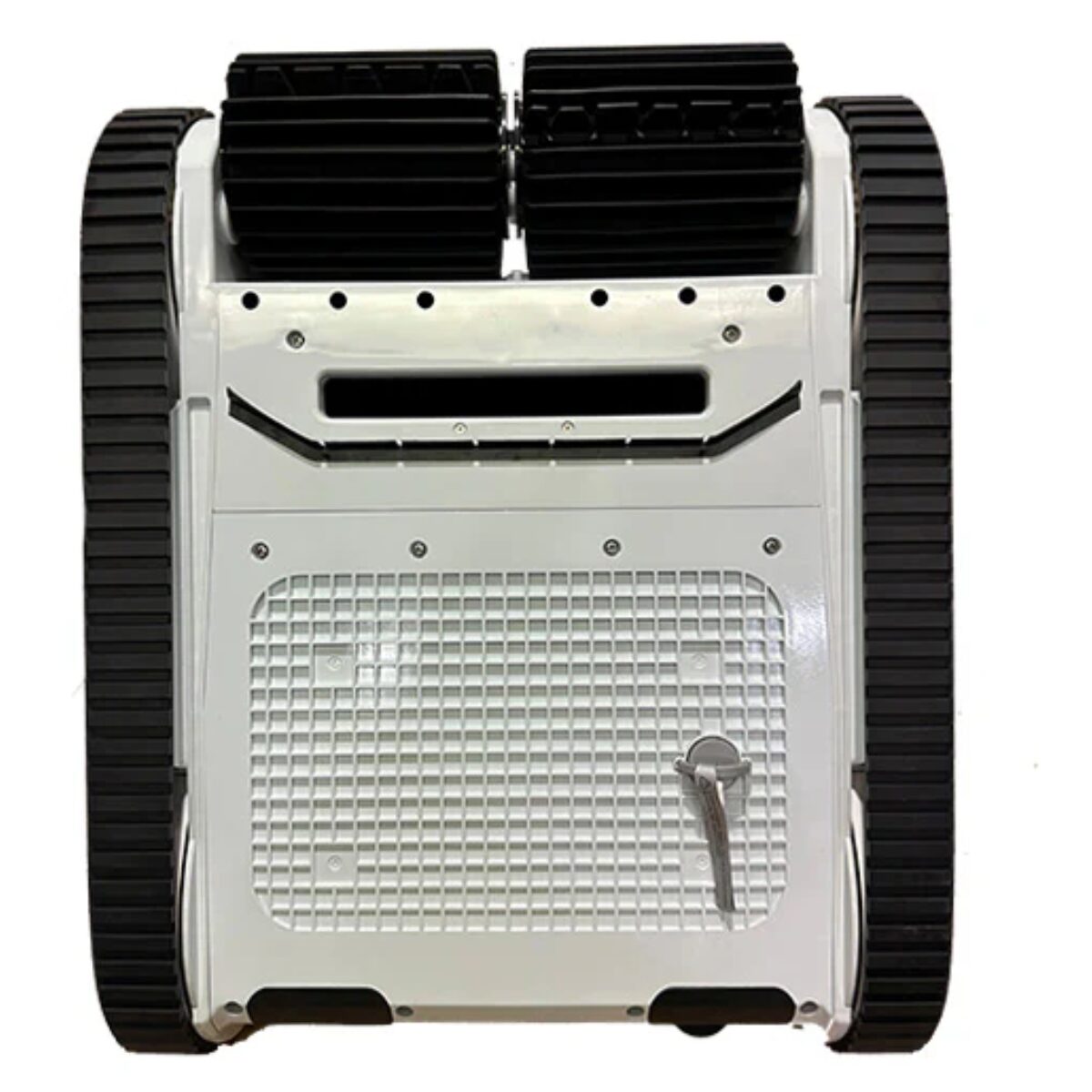 Robot pulitore per piscine automatico Inverx con design moderno in bianco e nero. L'immagine mostra il pulitore da una prospettiva inferiore, evidenziando i grandi cingoli neri per la trazione e la spazzola.