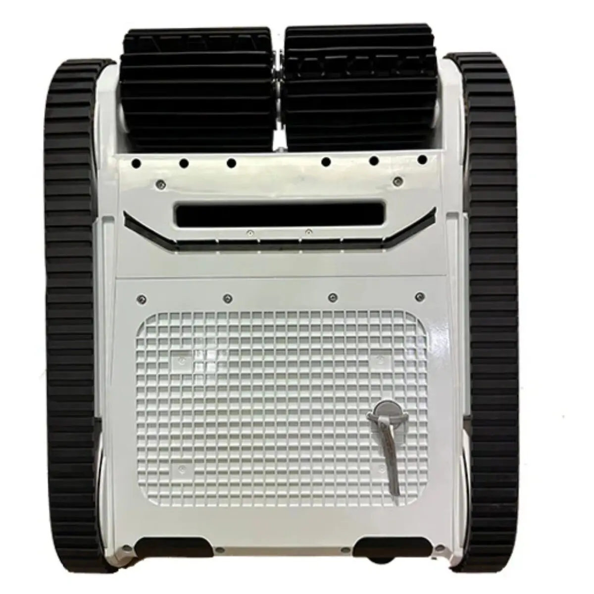 Robot pulitore per piscine automatico Inverx con design moderno in bianco e nero. L'immagine mostra il pulitore da una prospettiva inferiore, evidenziando i grandi cingoli neri per la trazione e la spazzola.