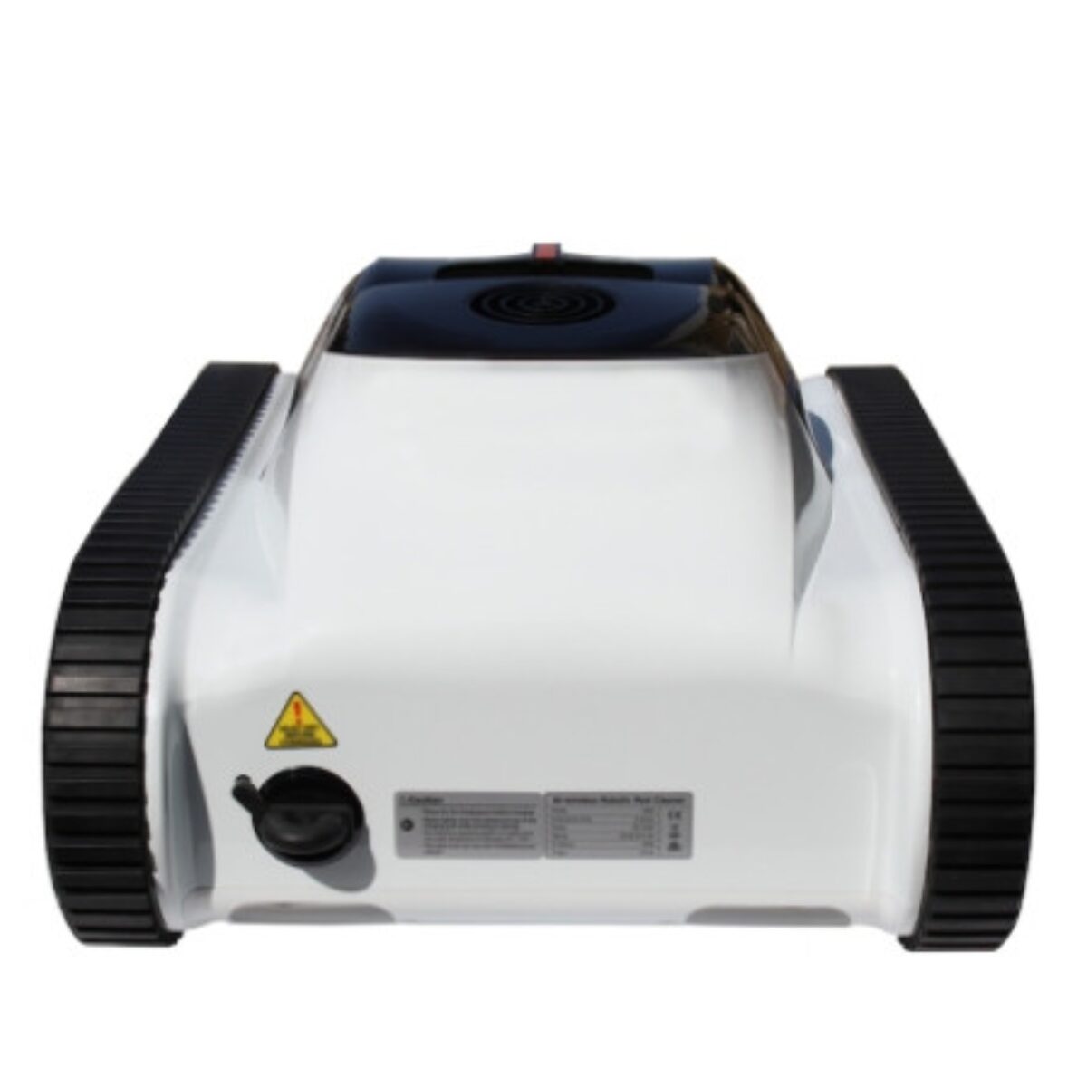 Robot pulitore per piscine automatico Inverx con design moderno in bianco e nero. L'immagine mostra il pulitore da una prospettiva posteriore, evidenziando i grandi cingoli neri per la trazione.