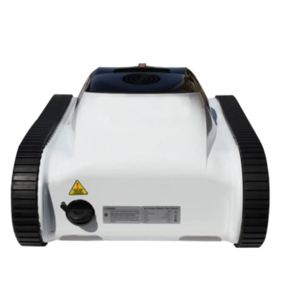 Robot pulitore per piscine automatico Inverx con design moderno in bianco e nero. L'immagine mostra il pulitore da una prospettiva posteriore, evidenziando i grandi cingoli neri per la trazione.