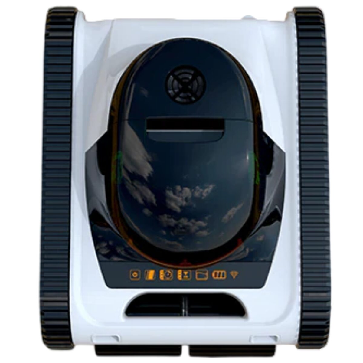 Robot pulitore per piscine automatico Inverx con design moderno in bianco e nero. L'immagine mostra il pulitore da una prospettiva superiore, evidenziando i grandi cingoli neri per la trazione.