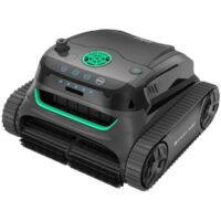 Vista ravvicinata robot Wybot S2 Solar Vision senza pannello solare. Corpo macchina del robot piscina Wybot S2 Solar Vision con sistema di trazione a cingoli, spazzole attive e indicatori LED di stato. Robot pulitore Wybot S2 Solar Vision: dettaglio dei doppi cingoli per aderenza su pareti e fondo piscina, con spazzole anteriori e pulsante di accensione.