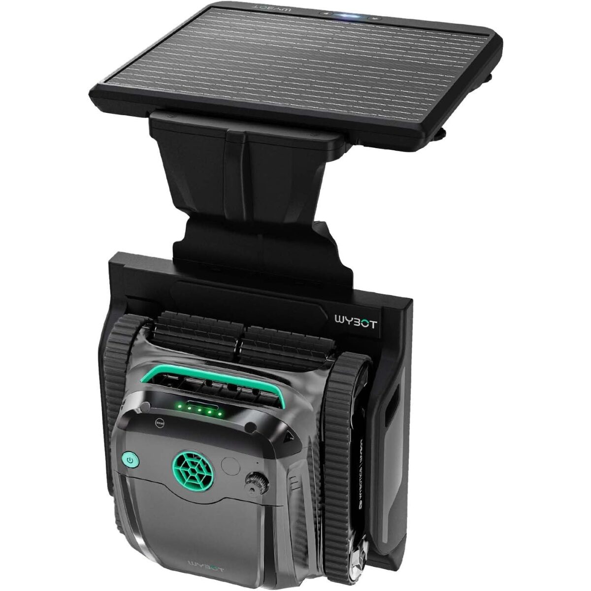 Pulitore automatico per piscina Wybot S2 Solar Vision dotato di tecnologia a ricarica solare, sensori intelligenti e spazzole per pulizia fondo e pareti.