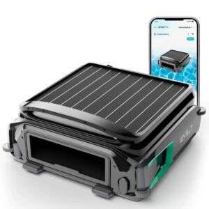 Robot skimmer Wybot F1 per la pulizia dello specchio d'acqua con pannello solare integrato e controllo da app smartphone.