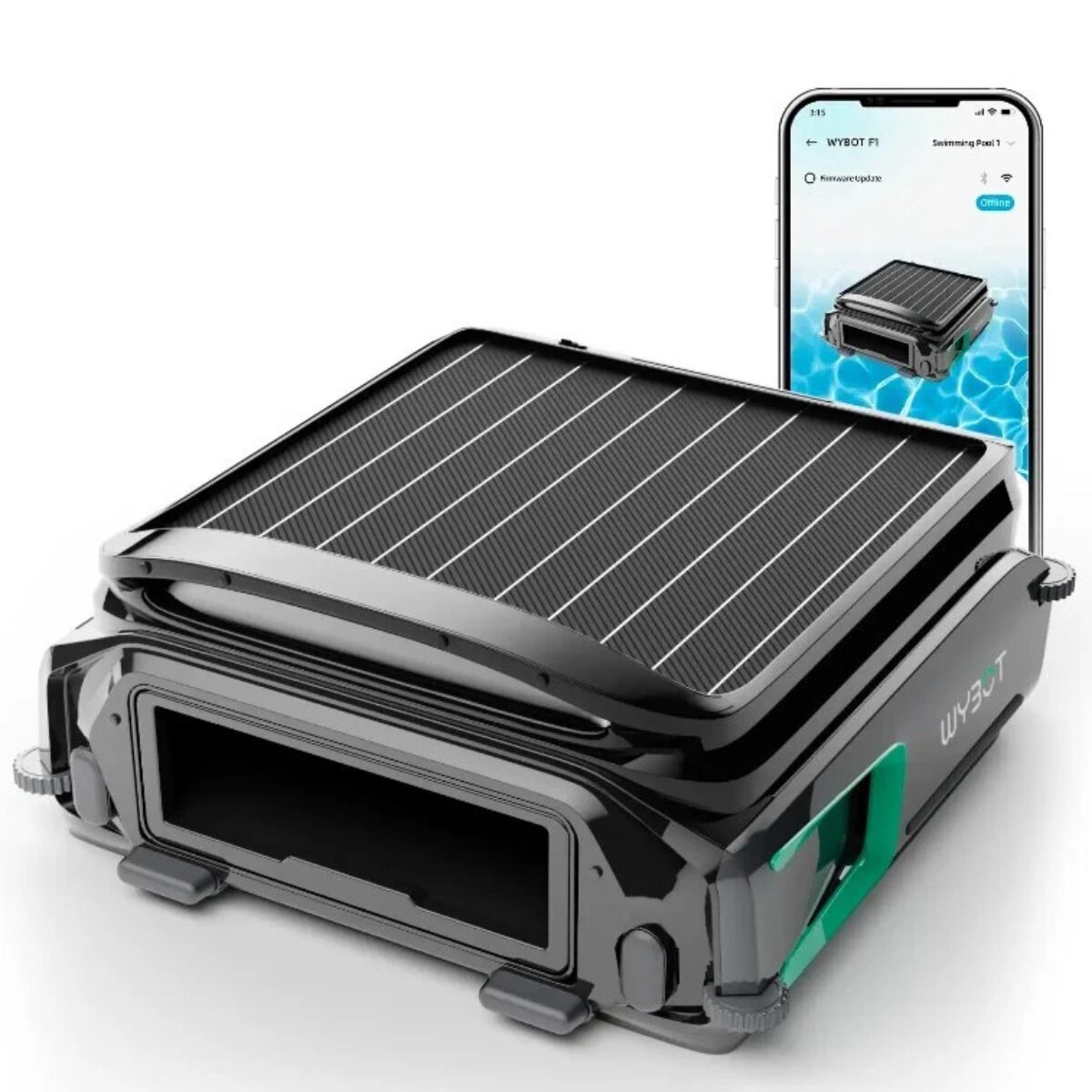 Robot skimmer Wybot F1 per la pulizia dello specchio d'acqua con pannello solare integrato e controllo da app smartphone.
