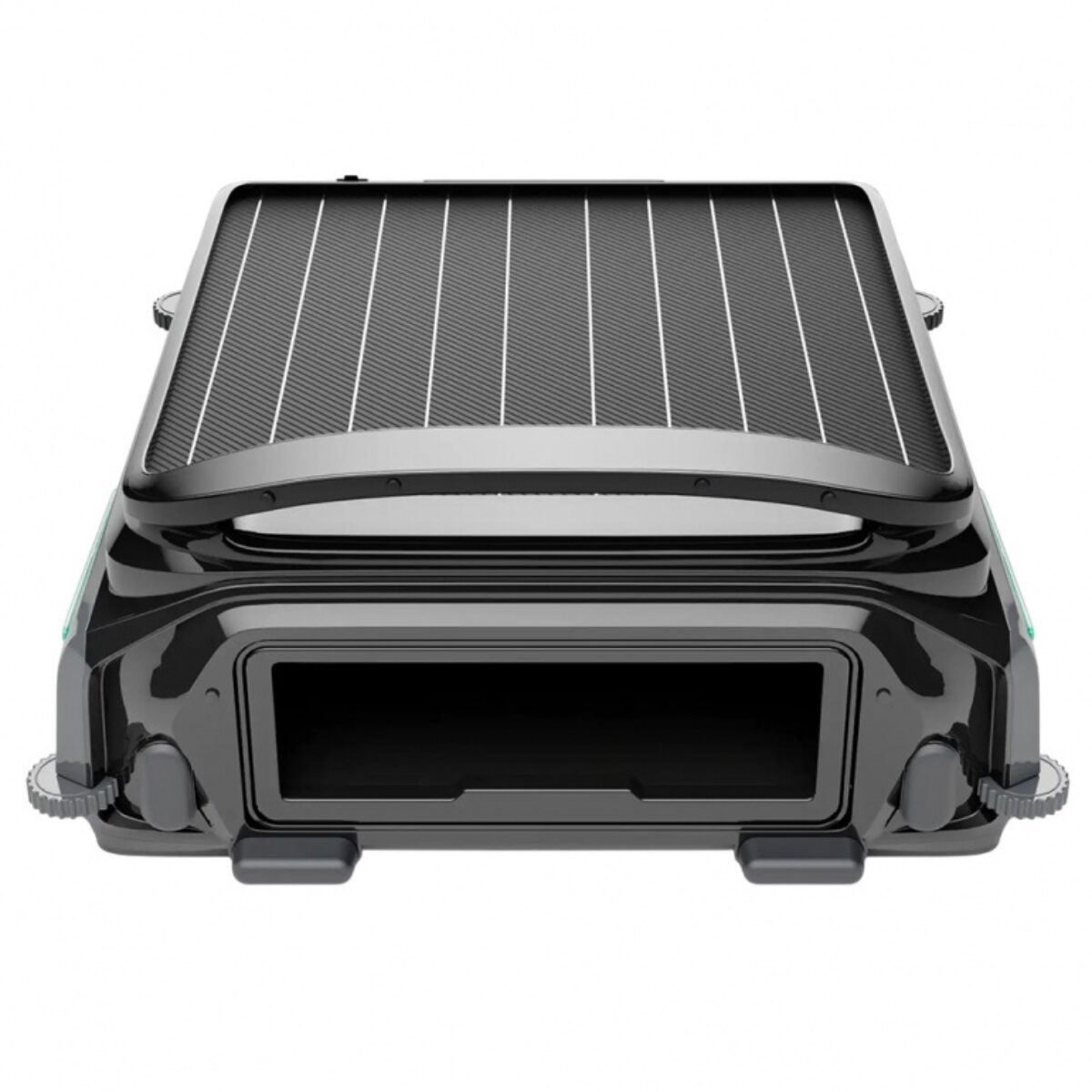 Robot pulitore per specchio acqua, Wybot F1 è mostrato da una prospettiva anteriore bassa, mettendo in risalto il dettaglio della bocca d'ingresso del pulitore automatico di superficie Wybot F1 per la raccolta di foglie galleggianti e sporcizia dallo specchio d'acqua.