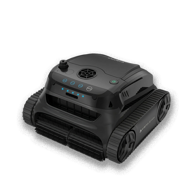 Robot pulitore automatico per piscina di colore nero antracite, con corpo compatto su cingoli gommati, pannello di controllo con pulsanti e indicatori LED blu e ventola superiore.