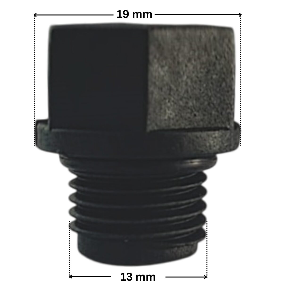 Tappo scarico ricambio per pompa piscina Winner Saci con quote dimensionali: diametro esterno della filettatura 13 mm e diametro esterno tappo 19 mm.