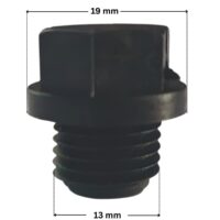 Tappo scarico ricambio per pompe piscina Max-Flo e Superpump Hayward con quote dimensionali: diametro esterno della filettatura 13 mm e diametro esterno tappo 19 mm.