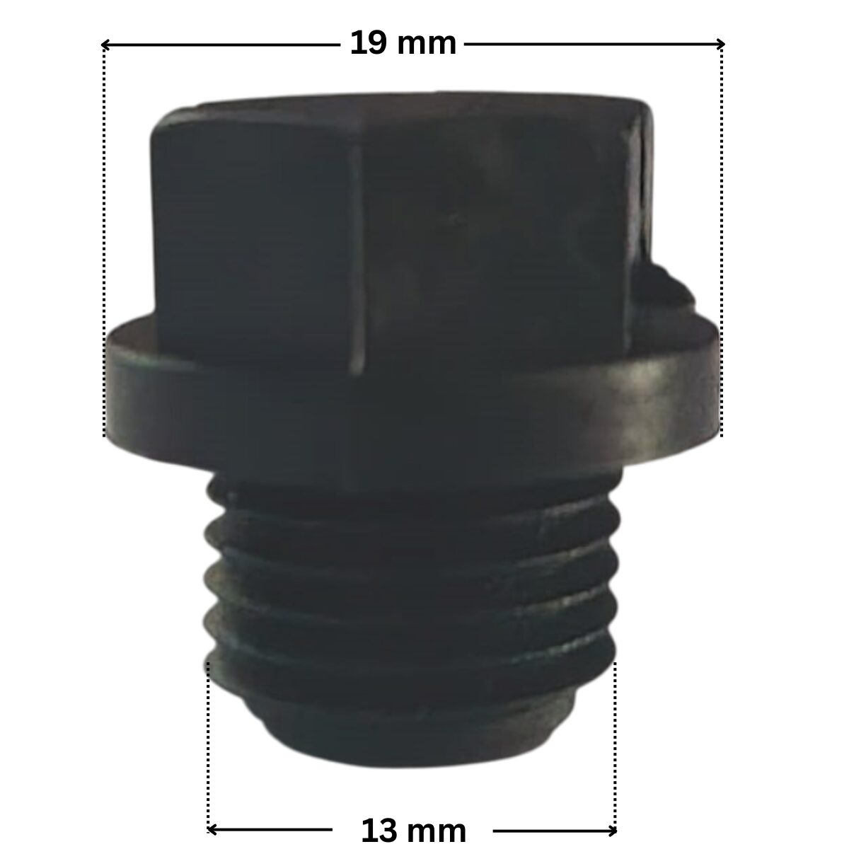 Tappo scarico ricambio per pompe piscina Max-Flo e Superpump Hayward con quote dimensionali: diametro esterno della filettatura 13 mm e diametro esterno tappo 19 mm.