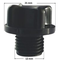 Tappo scarico ricambio per pompe piscina Big Discovery, Discovery, Maxim e Sena Astralpool con quote dimensionali: diametro esterno della parte filettata 13 mm e diametro esterno tappo 21 mm.