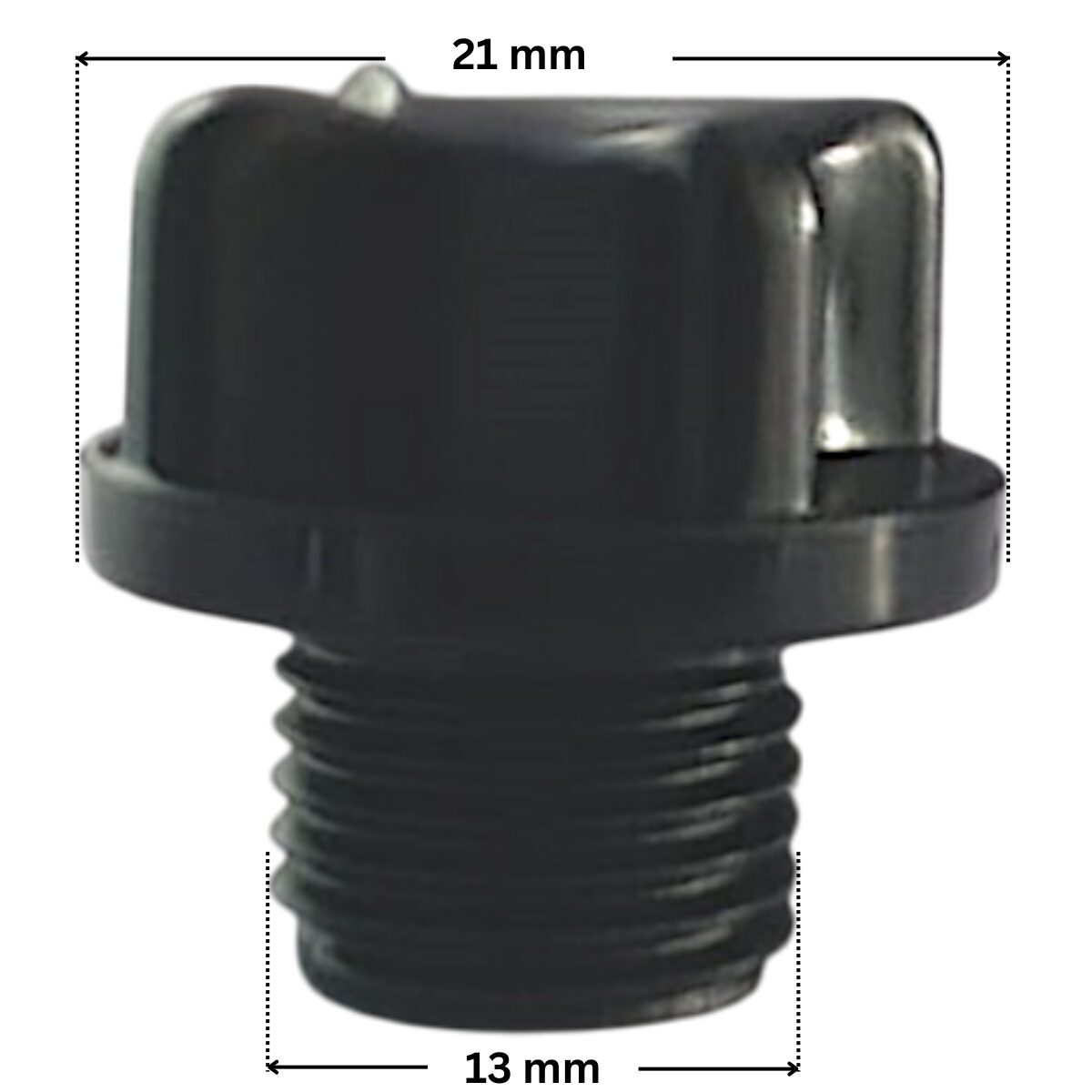 Tappo scarico ricambio per pompe piscina Big Discovery, Discovery, Maxim e Sena Astralpool con quote dimensionali: diametro esterno della parte filettata 13 mm e diametro esterno tappo 21 mm.